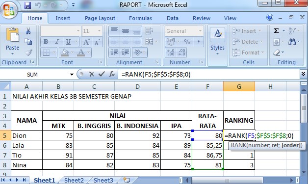 Contoh Rumus Ranking Kelas di Microsoft Excel